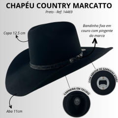 Chapéu Country De Feltro Marcatto Preto Abridor Garrafa Bandinha Em Couro Carneira Em Tecido Ref:14469