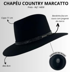 Chapéu Country De Feltro Marcatto Preto Com Abridor De Garrafa Bandinha Em Couro Carneira Em Tecido Ref:14808