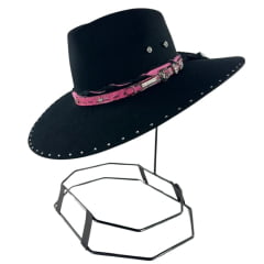 Chapéu Country De Feltro Marcatto Preto Com Pink Bandinha Pink Em Couro Com Strass Carneira Em Tecido Ref: 14714