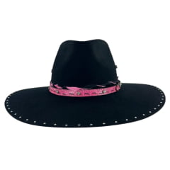 Chapéu Country De Feltro Marcatto Preto Com Pink Bandinha Pink Em Couro Com Strass Carneira Em Tecido Ref: 14714