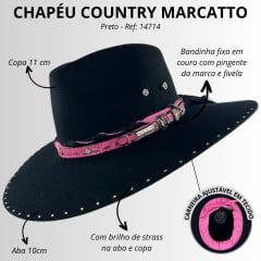 Chapéu Country De Feltro Marcatto Preto Com Pink Bandinha Pink Em Couro Com Strass Carneira Em Tecido Ref: 14714