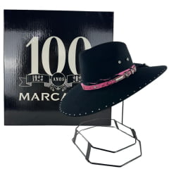 Chapéu Country De Feltro Marcatto Preto Com Pink Bandinha Pink Em Couro Com Strass Carneira Em Tecido Ref: 14714