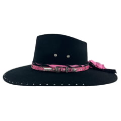 Chapéu Country De Feltro Marcatto Preto Com Pink Bandinha Pink Em Couro Com Strass Carneira Em Tecido Ref: 14714
