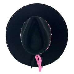 Chapéu Country De Feltro Marcatto Preto Com Pink Bandinha Pink Em Couro Com Strass Carneira Em Tecido Ref: 14714
