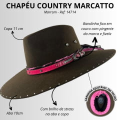 Chapéu Country De Feltro Marcatto Tabaco Com Pink Bandinha Rosa Em Couro Com Strass Carneira Em Tecido Ref: 14714