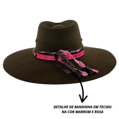 Chapéu Country De Feltro Marcatto Tabaco Com Pink Bandinha Rosa Em Couro Com Strass Carneira Em Tecido Ref: 14714