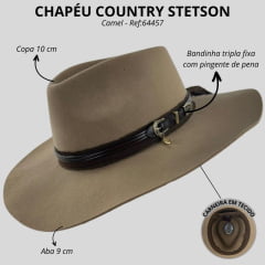 Chapéu Country Stetson Feltro Camel Bandinha De Couro Pingente Pena Carneira Em Tecido Ref: 64457