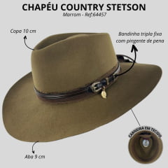 Chapéu Country Stetson Feltro Pino Bandinha De Couro Com Pingente Pena Carneira Em Tecido Ref: 64457