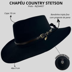 Chapéu Country Stetson Feltro Preto Bandinha De Couro Com Pingente Pena Carneira Em Tecido Ref: 64457