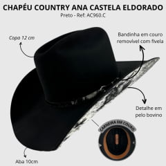 Chapéu Country Eldorado Edição Limitada Ana Castela Feltro Importado Preto Com Pelo Aba 10 Carneira Em Couro AC960.C