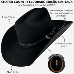 Chapéu Country Eldorado Edição Limitada Ana Castela Feltro Importado Preto Duas Bandinhas Aba 10 Detalhe Brilho AC960B