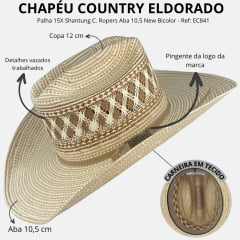 Chapéu Country Eldorado Palha 15X Shantung C. Ropers Aba 10.5 New Bicolor - Ref: EC841