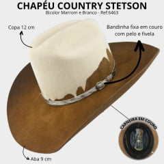 Chapéu Country Stetson Feltro Bicolor Marrom e Branco Bandinha Em Pelo Carneira Em Couro Ref: 64463