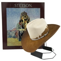 Chapéu Country Stetson Feltro Bicolor Marrom e Branco Bandinha Em Pelo Carneira Em Couro Ref: 64463