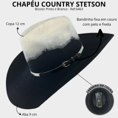 Chapéu Country Stetson Feltro Bicolor Preto E Branco Bandinha Em Pelo Carneira Em Couro Ref: 64463
