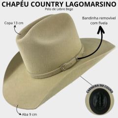 Chapéu Country Lagomarsino Cowboy Renegado Sombrero Pelo De Lebre Premium Bege Aba 10 Carneira De Couro
