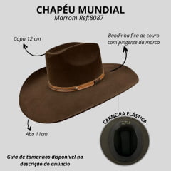 Chapéu Country Mundial Dakota Aveludado Marrom Bandinha Em Couro Caneira Elástica Ref:8087