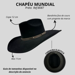 Chapéu Country Mundial Dakota Aveludado Preto Bandinha Em Couro Caneira Elástica Ref:8087