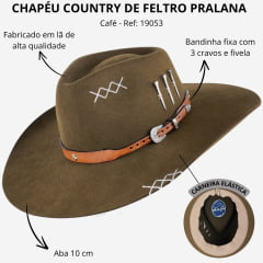 Chapéu Country Pralana 5X Campo 3 Cravos Casca De Bala Aba 10 Café Ref:19053
