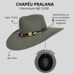 Chapéu Country Pralana 5X Land Aba 10 Cinza Escuro Carneira Elástica Ref:12358