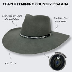 Chapéu Country Pralana 5X Strass Aba 10 Cinza Escuro Carneira Elástica Ref.12360