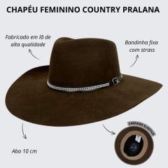 Chapéu Country Pralana 5X Strass Aba 10 Marrom Escuro Carneira Elástica Ref.12360