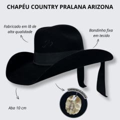 Chapéu Country Pralana Arizona Miss Aba 10 Preto Carneira Elástica Ref.12494