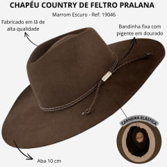 Chapéu Country Pralana Feltro 5x Campo Trança Aba 10 Marrom Escuro Ref:19046