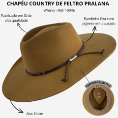 Chapéu Country Pralana Feltro 5X Campo Trança Aba 10 Whisky Ref:19046