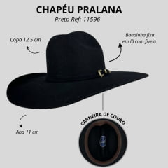 Chapéu Country Pralana Texano Preto Aba 11 Carneira Em Couro Ref:11596