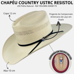 Chapéu Country Resistol Genuine Shantung Panamá 20X Palha Natural USTRC Big Money - Ref:RSUSBM-30408170