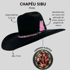 Chapéu Country Sibu Preto Ws De Lã Com Strass Rosa E Pena Rosa Aba 11CM