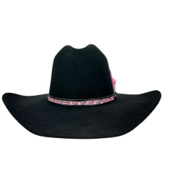 Chapéu Country Sibu Preto Ws De Lã Com Strass Rosa E Pena Rosa Aba 11CM