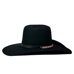 Chapéu Country Sibu Preto Ws De Lã Com Strass Rosa E Pena Rosa Aba 11CM