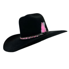 Chapéu Country Sibu Preto Ws De Lã Com Strass Rosa E Pena Rosa Aba 11CM