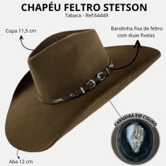 Chapéu Country Stetson Feltro Tabaco 50X Bandinha Fixa Duas Fivelas Carneira Couro Ref:64449
