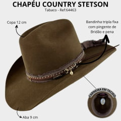 Chapéu Country Stetson Feltro Tabaco Bandinha Tripla Pingente Pena Carneira Tecido Ref:64463