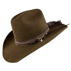 Chapéu Country Stetson Feltro Tabaco Bandinha Tripla Pingente Pena Carneira Tecido Ref:64463