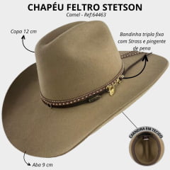 Chapéu Country Stetson Feltro Camel Bandinha Com Strass Pingente Pena REF:64463