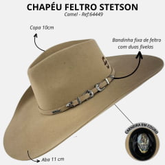 Chapéu Country Stetson Feltro Camel Bandinha Feltro Com Duas Fivelas Carneira Couro - REF:64449