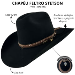 Chapéu Country Stetson Feltro Preto Bandinha Strass Pingente Pena Carneira Tecido - REF:64463