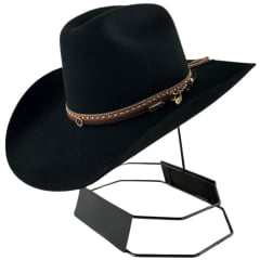Chapéu Country Stetson Feltro Preto Bandinha Strass Pingente Pena Carneira Tecido - REF:64463