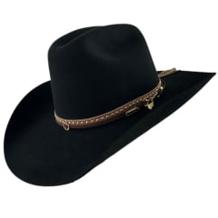 Chapéu Country Stetson Feltro Preto Bandinha Strass Pingente Pena Carneira Tecido - REF:64463
