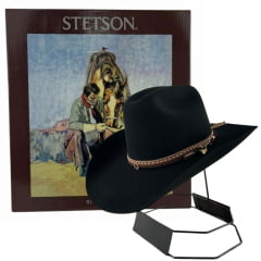 Chapéu Country Stetson Feltro Preto Bandinha Strass Pingente Pena Carneira Tecido - REF:64463