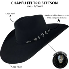 Chapéu Country Stetson Feltro Preto Bandinha Feltro Com Duas Fivelas Carneira Couro - REF:64449