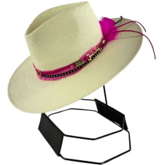 Chapéu Social Marcatto Marfim Pink Bandinha Strass E Pena Carneira Em Tecido - Ref:15649