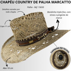 Chapéu Country Marcatto Palha Natural Com Marrom Bandinha Em Tecido E Bridão Ref:15650