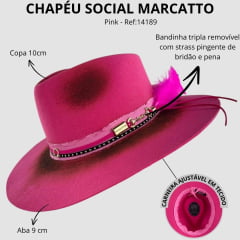 Chapéu Social Marcatto Feltro Pink Bandinha Tecido E Couro Bridão e Pena Carneira Tecido Ref:14189