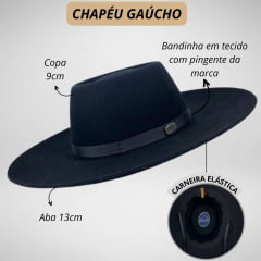 Chapéu Gaúcho Pralana Campeiro Feltro Preto Aba 10 Curvada
