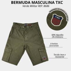 Bermuda Masculina TXC Verde Militar Cargo Custom Com Logo Bordada Na Perna REF: 8686